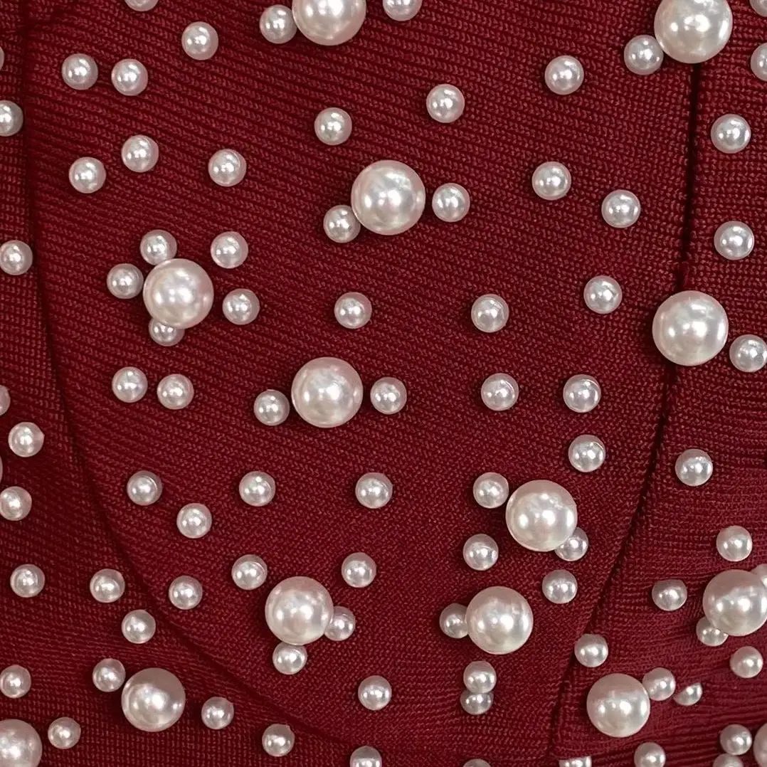 Sukienka bandażowa damska w kolorze burgundowym z perłami, elegancka, na ramiączkach spaghetti, dekolt w serek, midi, długa, w stylu high street, na wieczorne przyjęcie, sukienka biurowa (OL), dropshipping