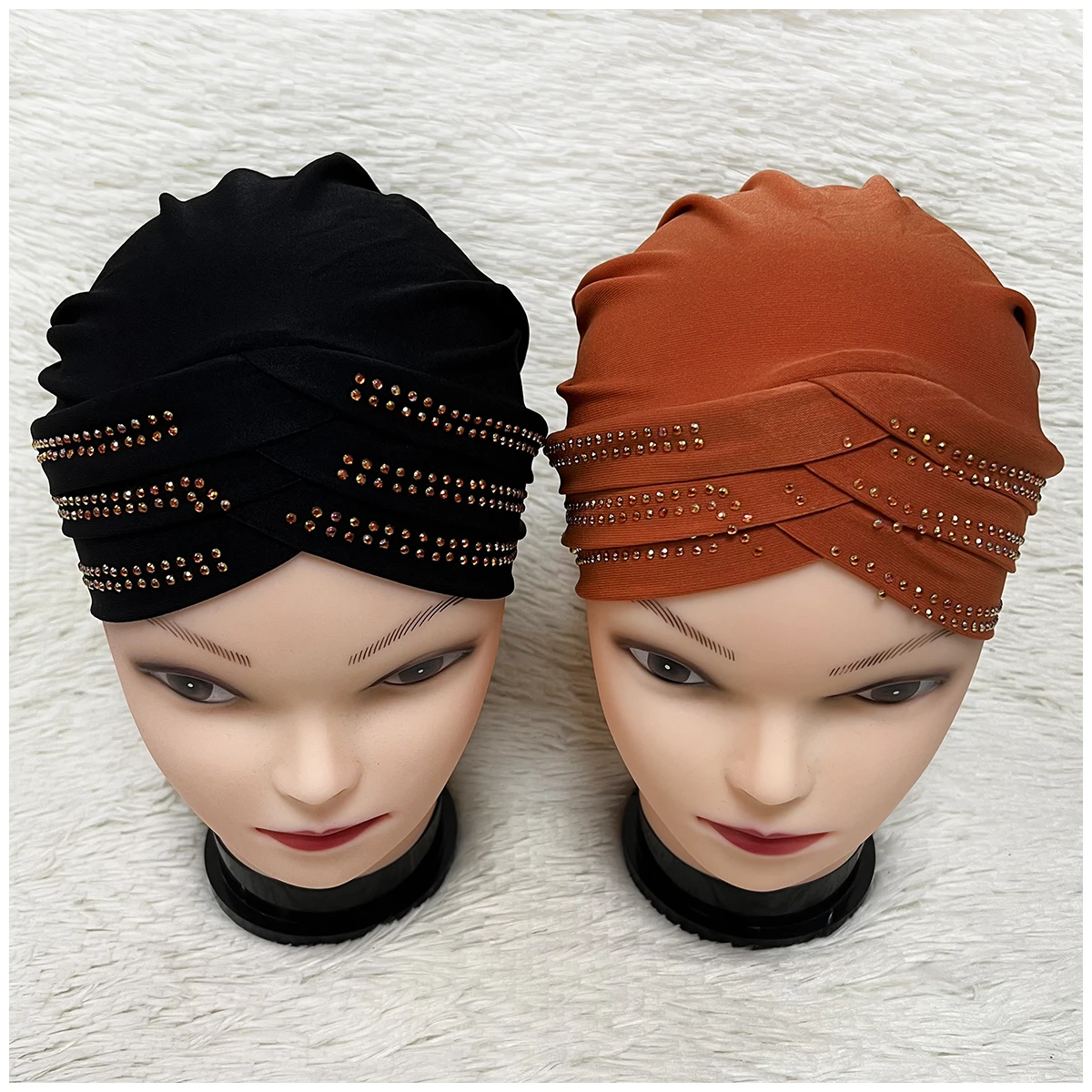 6/12 Pieces Latest Fashion Muslim Female Turban Hat Bonnet Velvet Hot Rhinestone Solid Indian Beanie Hair Bonnets Cap For Women