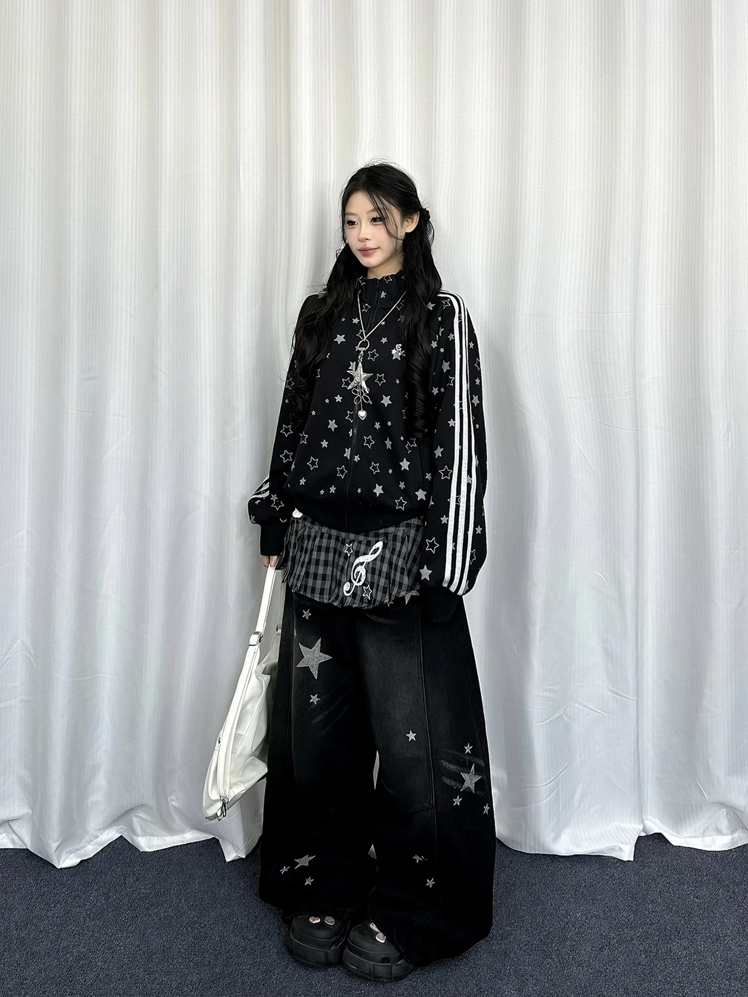 

Bla Loose Women's Cardigan Sweatirt Spring New Sle Retro Star Print Stand Collar Outerwear Casual Comfortable Coat