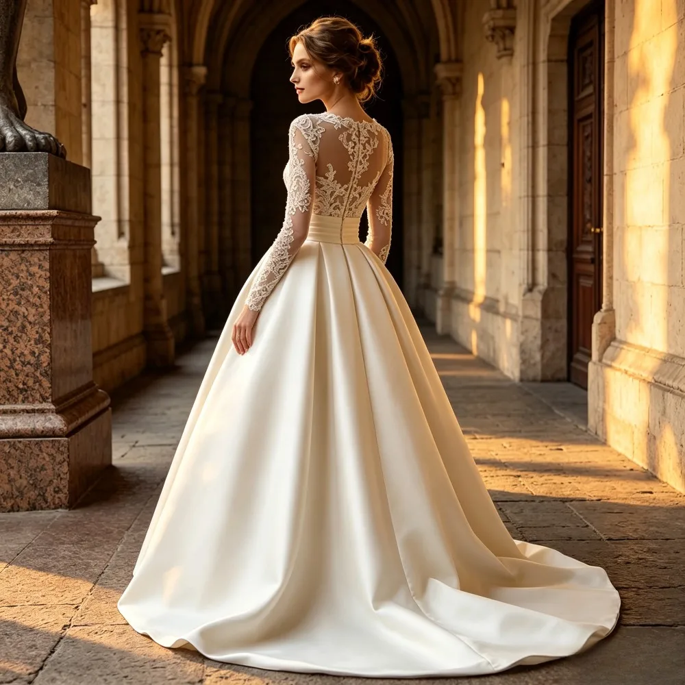 Customized Vintage Hollow Lace Wedding Dresses 2026 Solid Color Transparent Flower Long Sleeved Wide Satin Church Bridal Gown