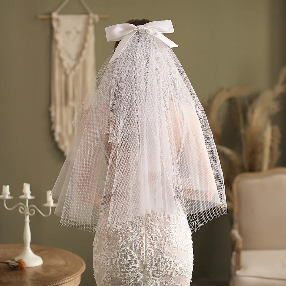 

Wedding Bridal Headdress Full Of Sweet Quality Brief Ladies' Lace Bead Veil With Big Bow