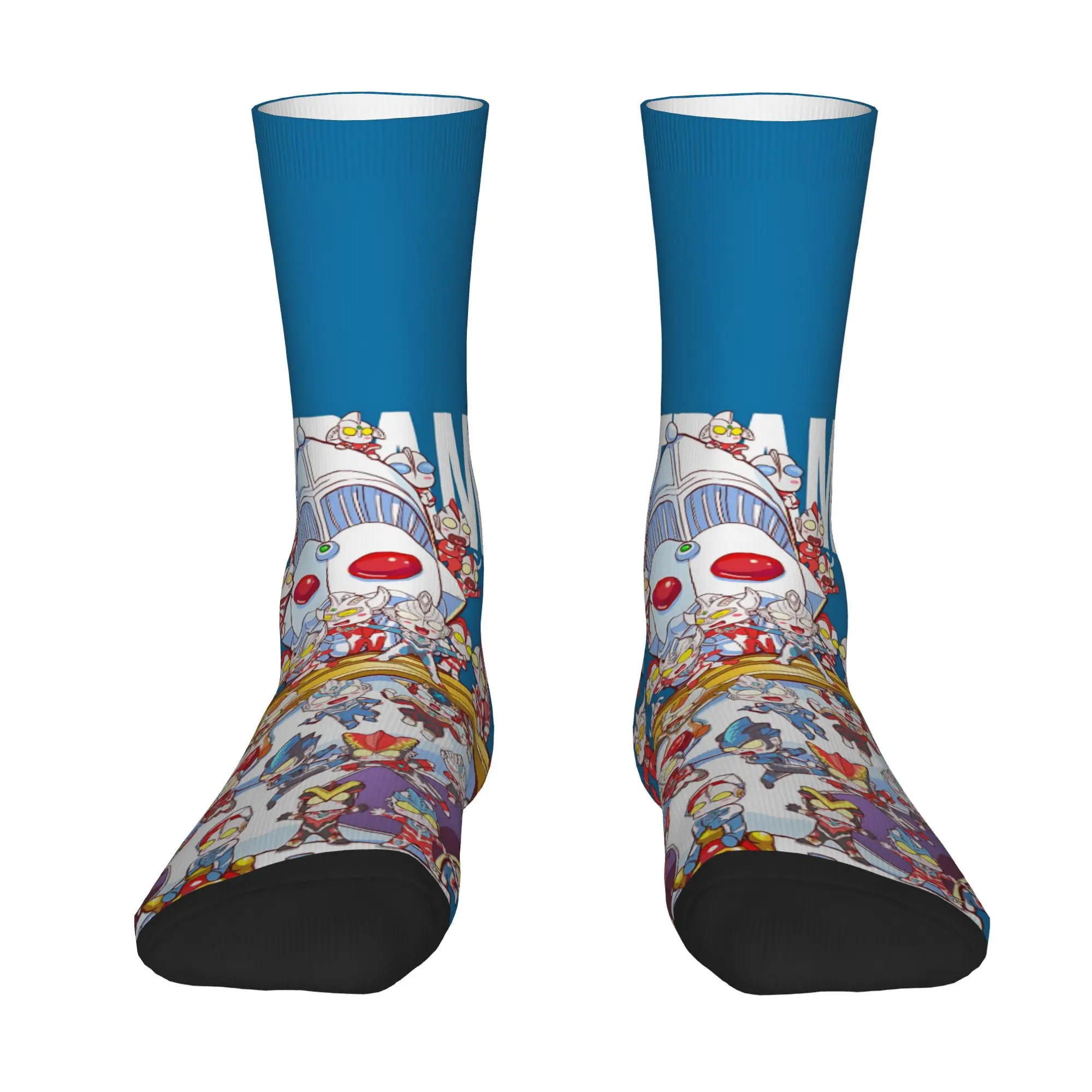 1 Pair Funny Crazy Sock for Men Blue Background All Generations Hip Hop Harajuku Ultraman Pattern Printed Sock Casual