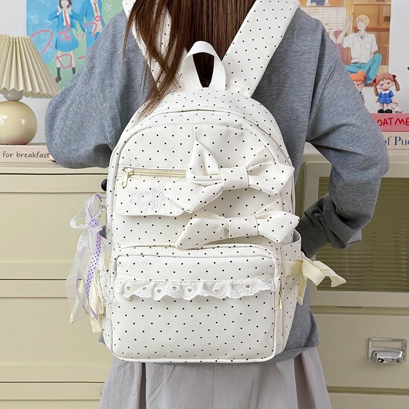 Korean Youthful Girl Casual Nylon Backpack Polka-Dot Bow Lace Cute Student School Bag Kawaii Daypack Lightweight Travel Rucksack