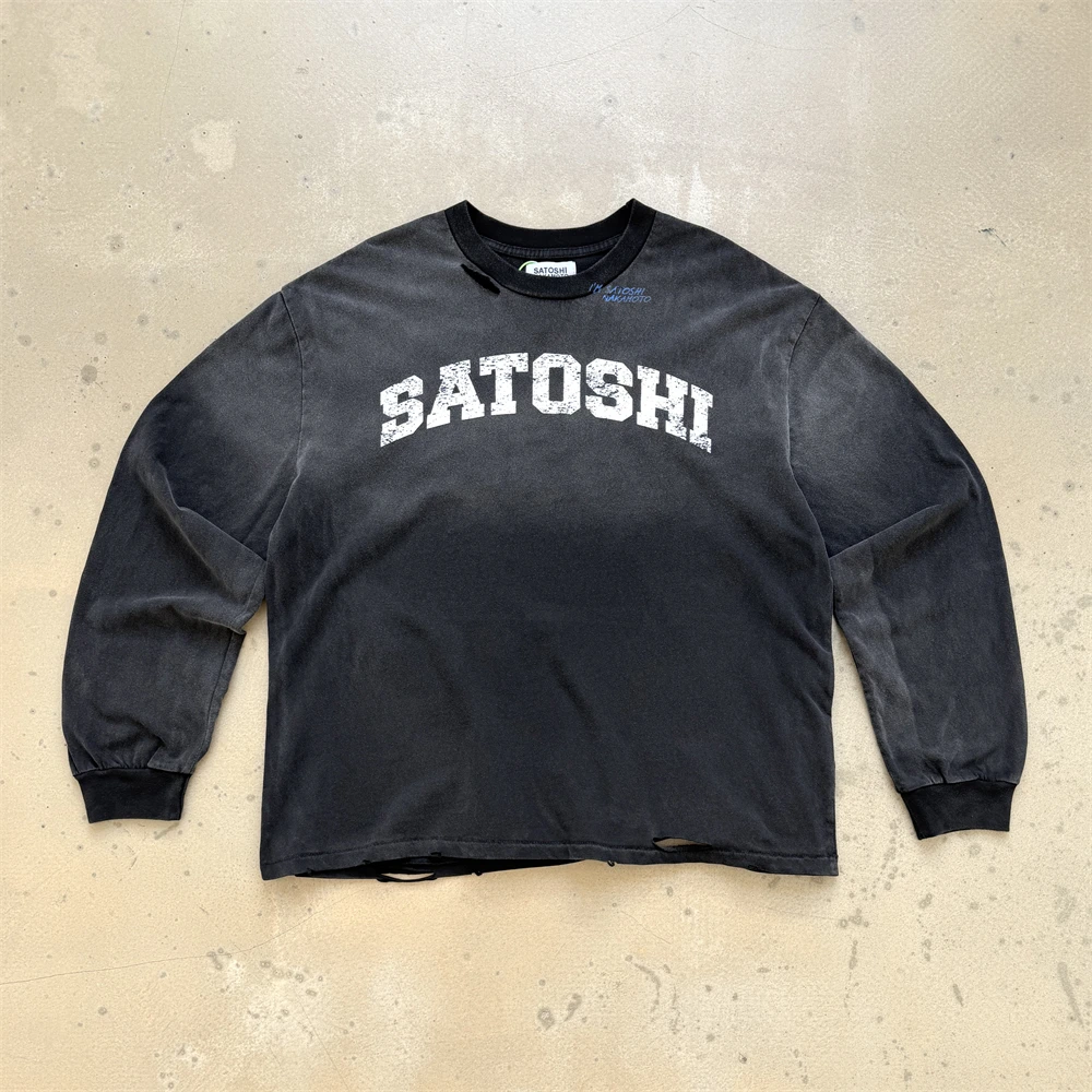 Black Nice Washed SATOSHI NAKAMOTO Hole T Shirt Men Women High Quality Long Sleeves Tee Tops T-Shirt