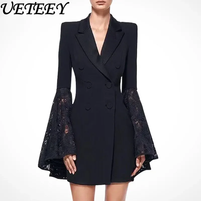 

Elegant Professional Black Slim-Fit Suit Jacket Women's Fashion Casual Small Suit Coat Bell Sleeve Waist-Tight Mid-Length Blazer