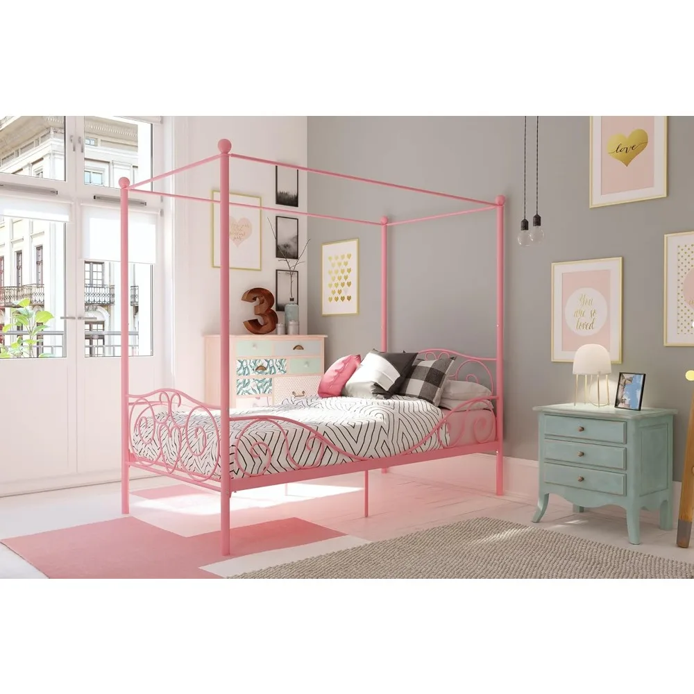 

Pink Twin Metal Canopy Bed for Kids with Storage, No Box Spring Needed, Four Poster Design