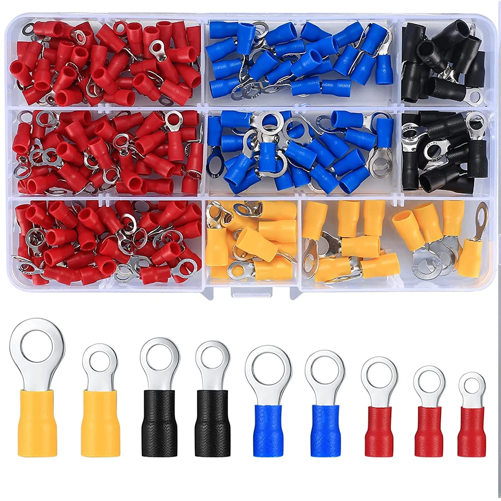 200pcs of Mixed Quick Disconnect Electrical Ring Terminals, Insulated O-Ring Crimping Terminal Connectors, Wire Crimping Termina