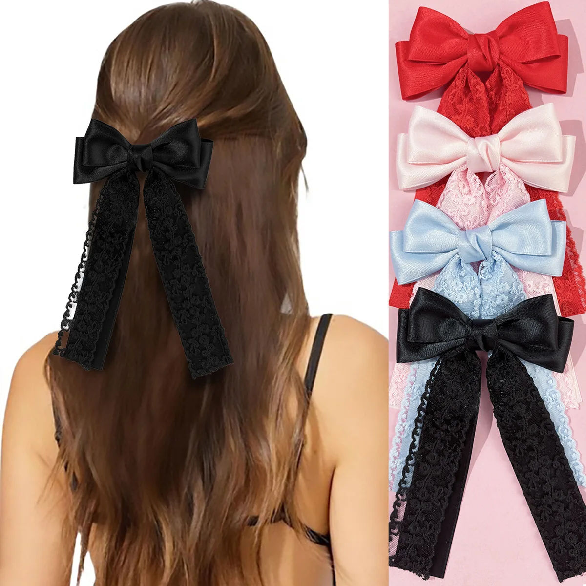 

24pc/lot Lace Embroidered Long Ribbon Bow Hair Clips Women Girls Long Tassel Bow Hairpins Kids Long Tails Bow Hairgrips Barrette