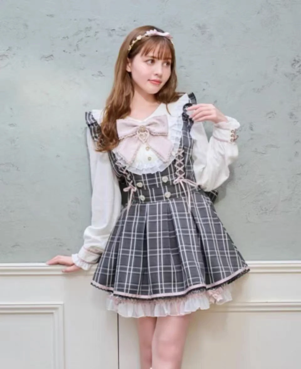Liz Dress Women Japanese Mine Mass Production Slim Waist Dress Skirt Two-piece Set Sweet Bow Long Sleeve Lace Cake Dress Outfit