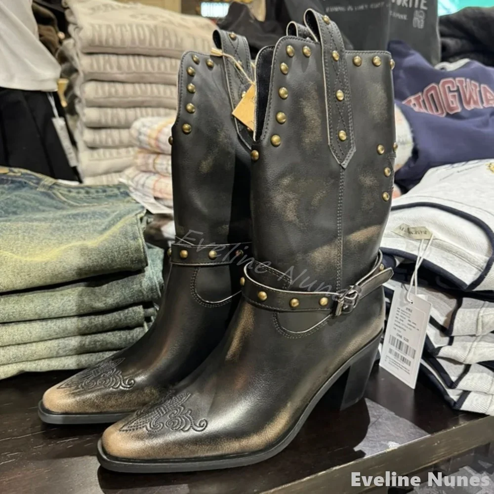 

Rubbing Color Rivet Western Knight Boots Women Round Toe Chunky Heel Embroidered Knee High Boots 2025 New Retro Belt Buckle Boot