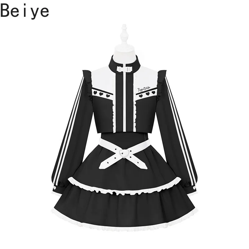 Subculture Fake Two Piece Sports Dresses Female Original Autumn Japanese Blue Sweet Dress Women's Long Sleeve Ruffle Dress