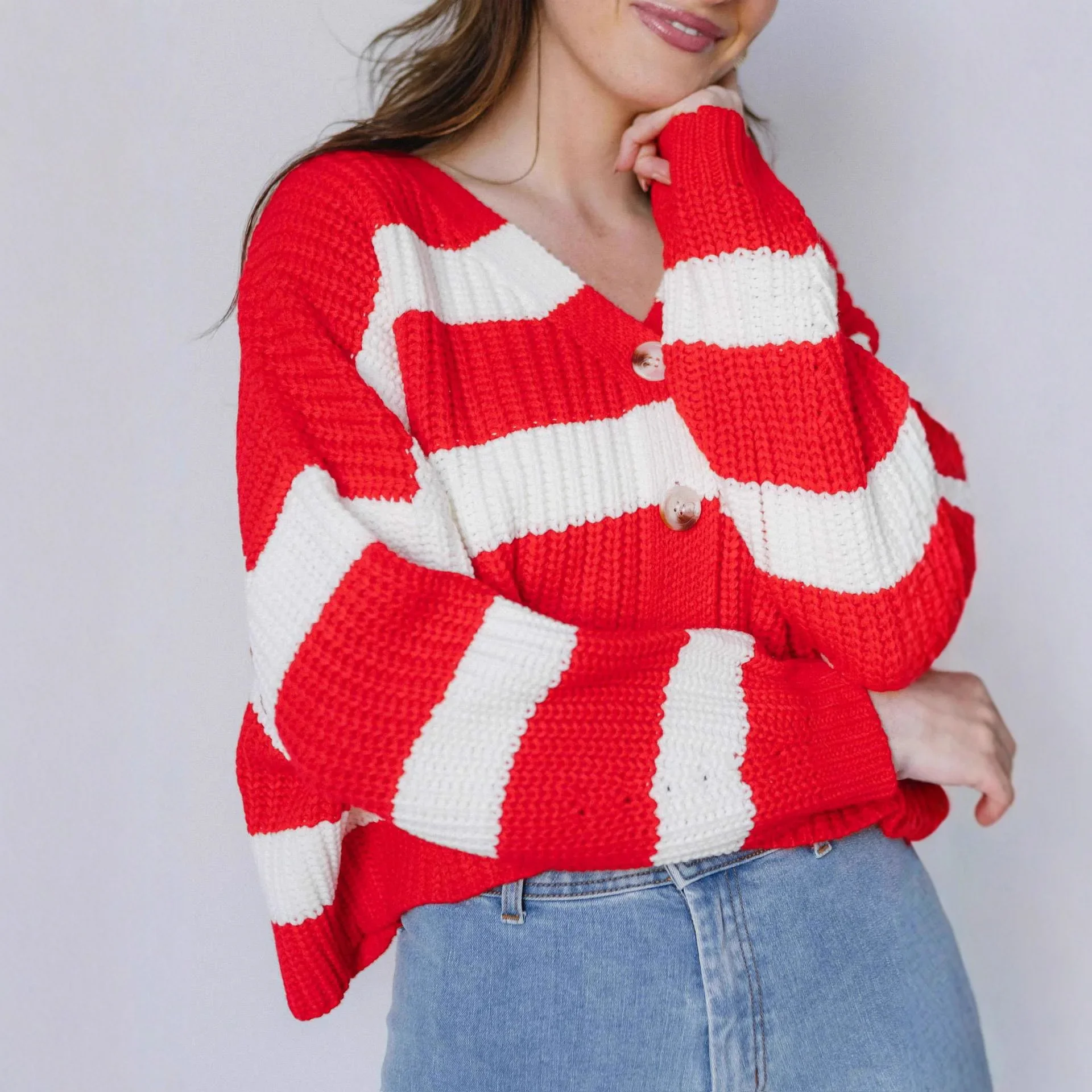 

Casual Loose Knitted Long Sleeve V-Neck Striped Open Cardigan Sweater Women's Autumn Winter New Style Fashion European