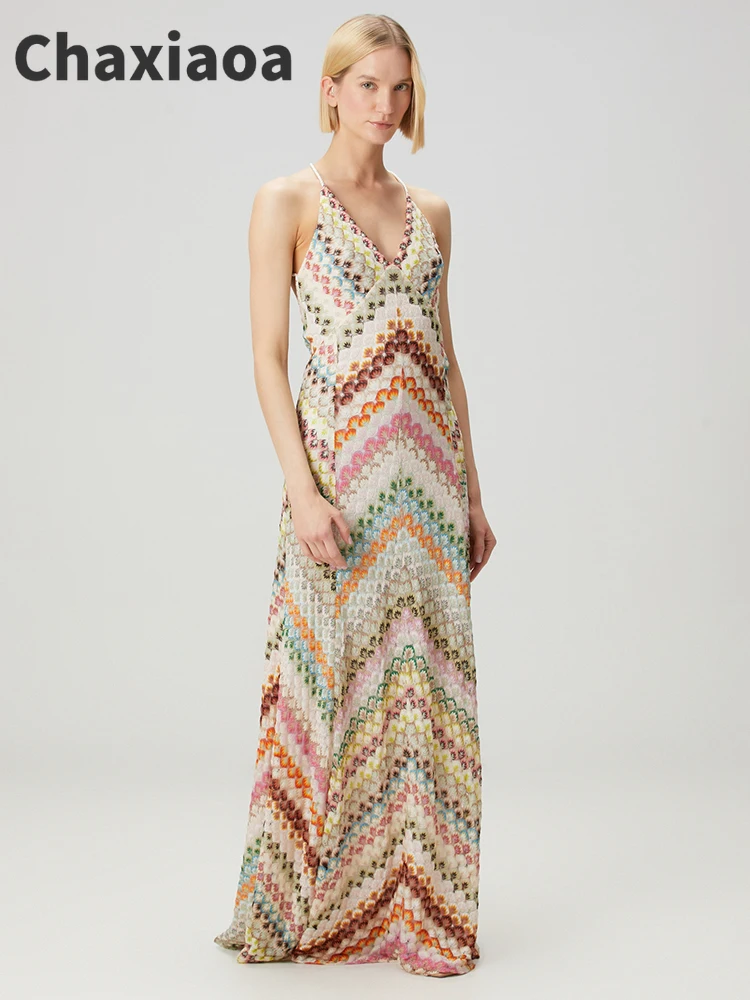 Chaxiaoa Veelkleurige Backless Gebreide Sexy Maxi Jurk Damesmode Spaghetti Mouwloze Hoge Taille Club Party Lange Jurken