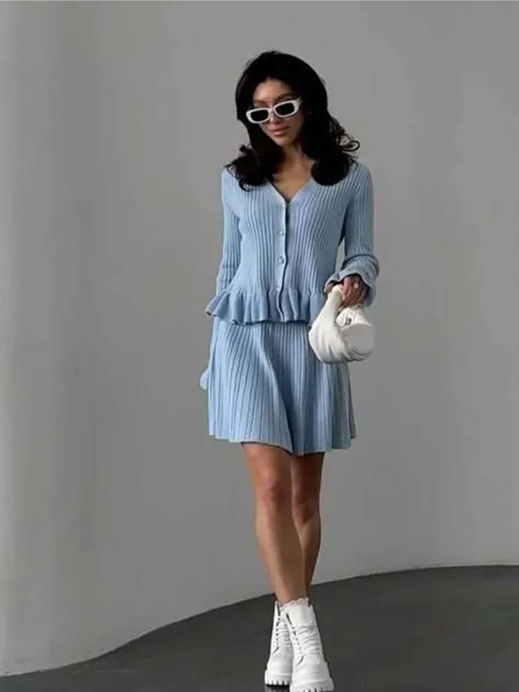 

Элегантный вязаный комплект блузок с рюшами и v-образным вырезом, женский шикарный однобортный однобортный плиссированный мини-юбка с длинными рукавами, костюм, новые женские повседневные наряды