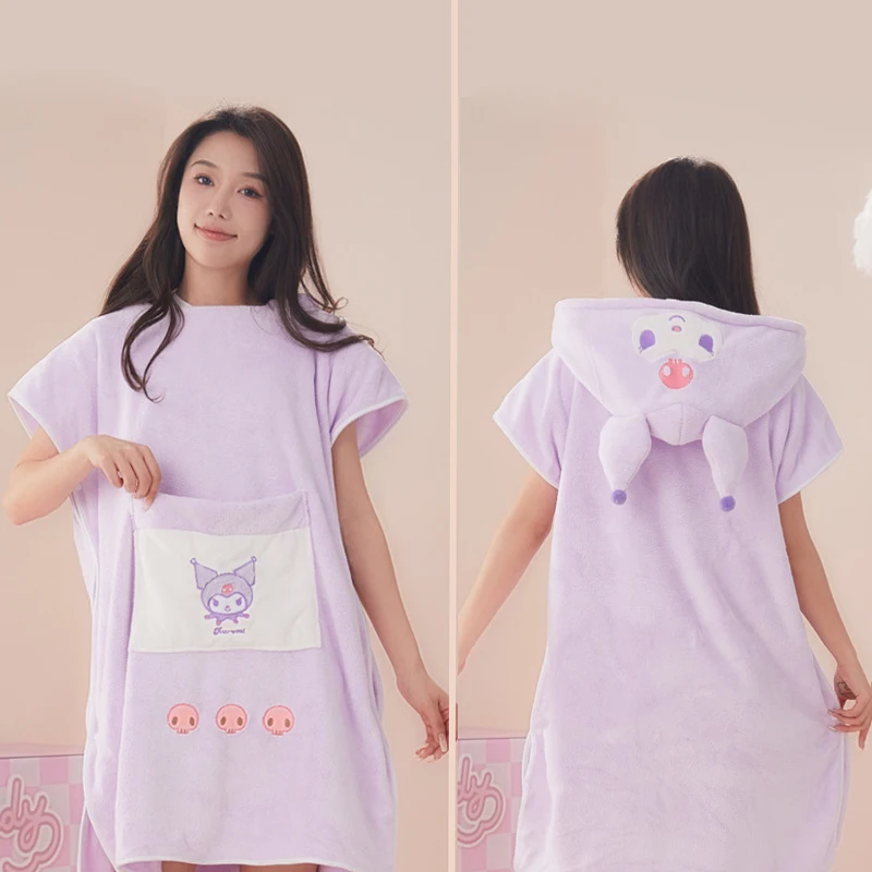 Kuromi Cloak Sanrios Aldult Bathrobe Cartoon Nightgown Wearable Bath Towel Hooded Not Pure Cotton Absorb Water Quick Drying