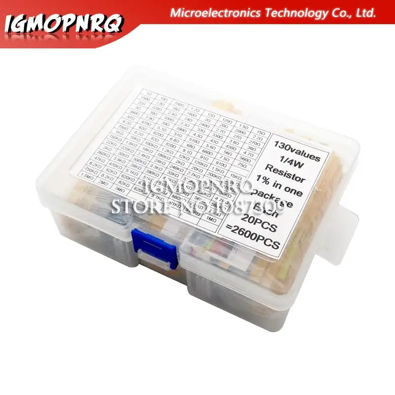 2600pcs 130 Values 1/4W 0.25W 1% Metal Film Resistors Assorted Pack Kit Set Lot Resistors Assortment Kits Fixed resistor