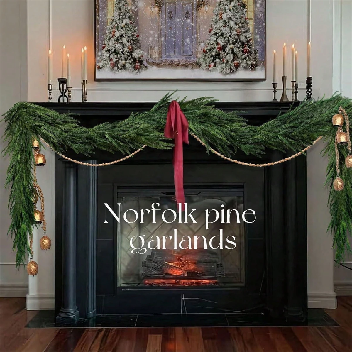 Christmas Norfolk Pine Garlands, Real Touch Fake Plants Artificial Greenery Garland for Table Wall Fireplace  Home Decoration