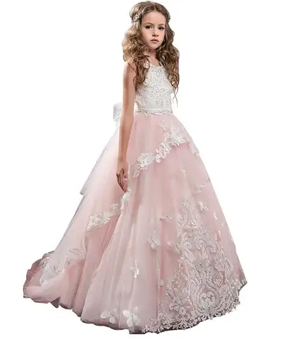 Holy Communion Dress Lace Girls Pageant Dresses 7-16 Beaded Lace Flower Girl Dress for Country Wedding Pink