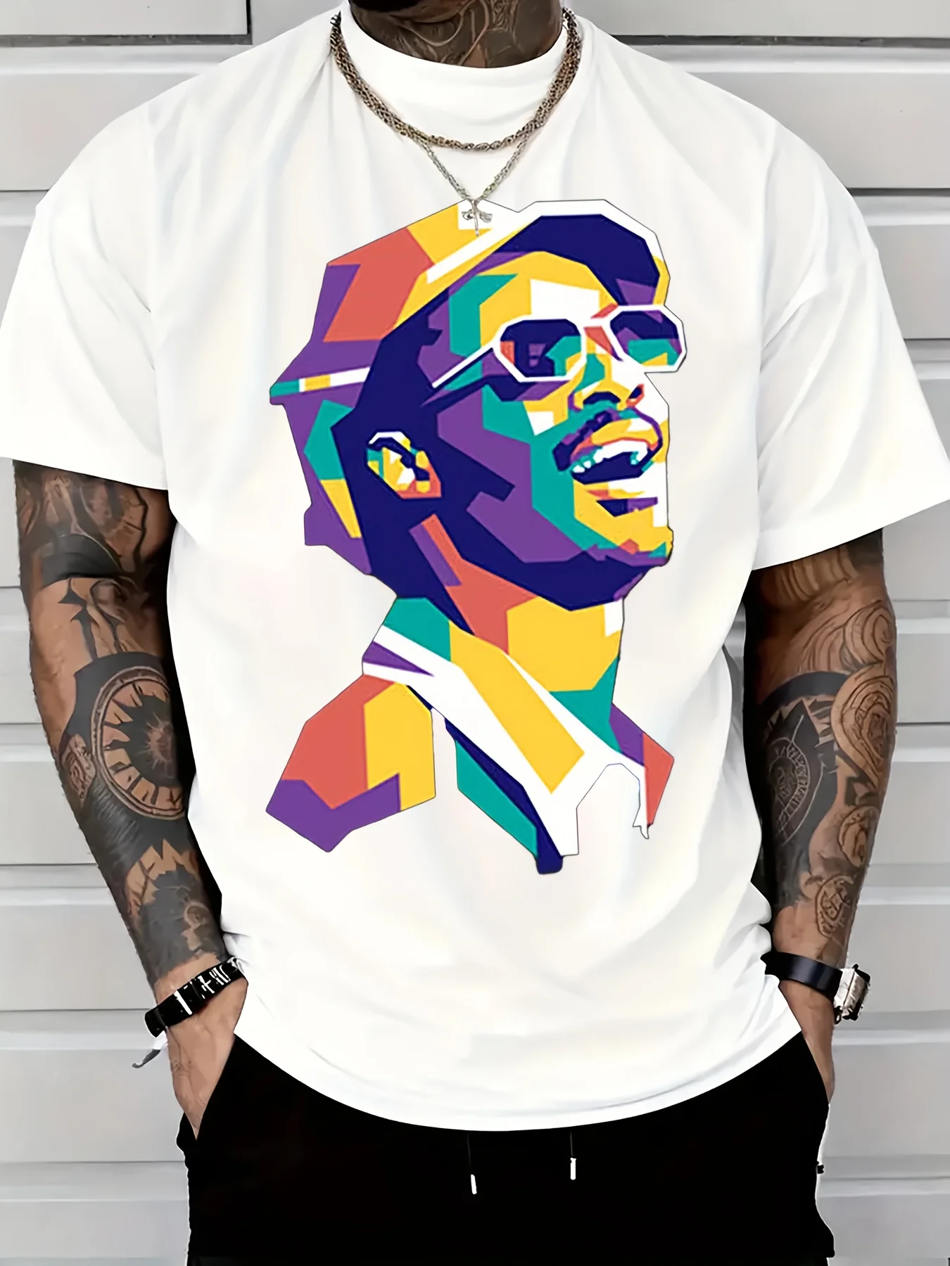 Men's Trendy Relaxed Fit T Shirt Colorful Geometric Portrait Print Rock Style All Season Casual Vacation Wear Machine Washable White Streetwear Fashion Bold Graphic Tee Comfortable Tee, T Shirt for Men, T Shirt, Shirts for Men, Tshirts for Men, Shirt for