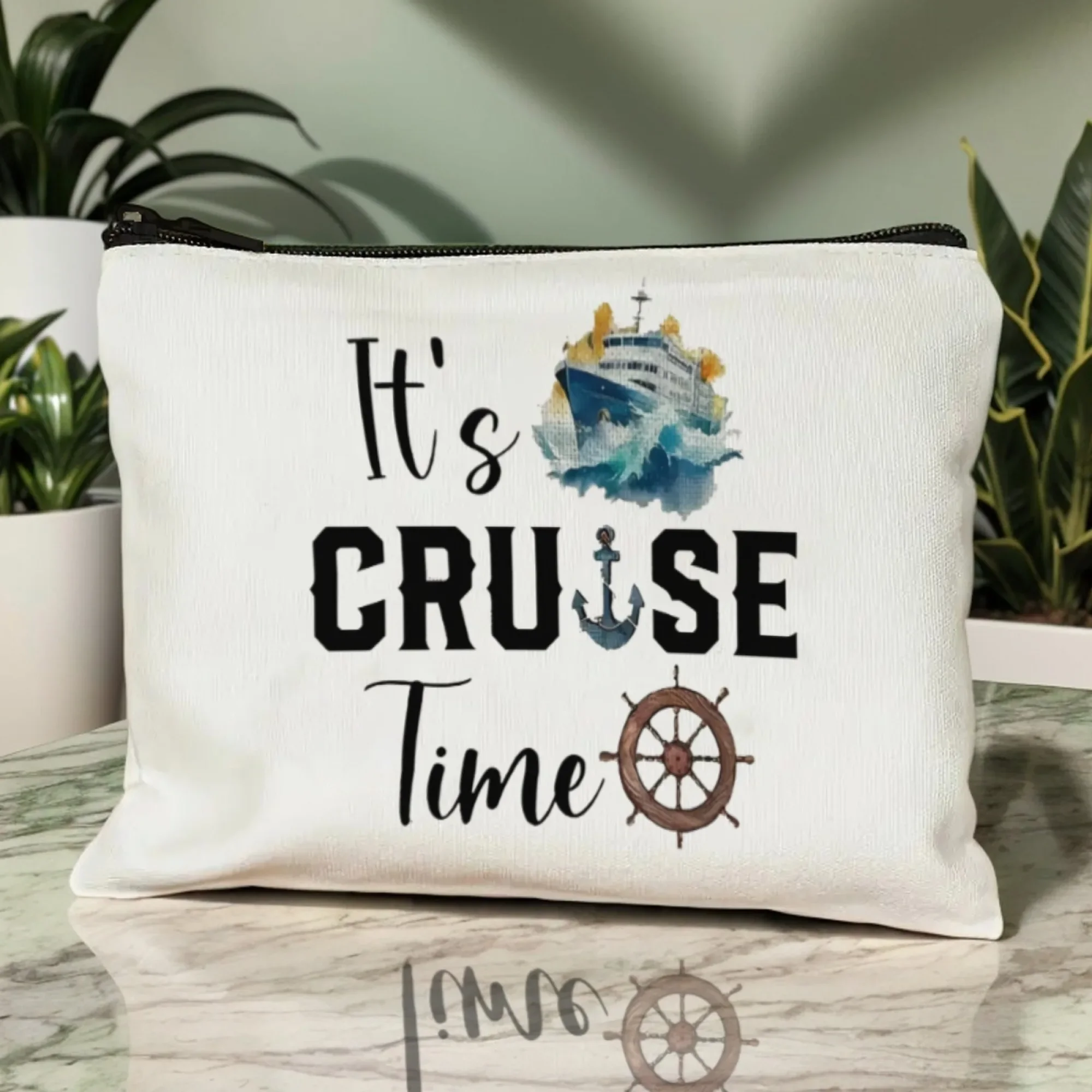 “It's Cruise Time” Nautical Cosmetic Bag Watercolor Cruise Ship Anchor & Ship Wheel Print Travel Makeup Pouch for Cruise Lovers