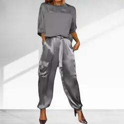 2 Pcs/Set Women Top Pants Set O Neck Satin Three Quarter Sleeves Loose Blouse Trousers Set Lace-up Waist Soft Casual Solid Color