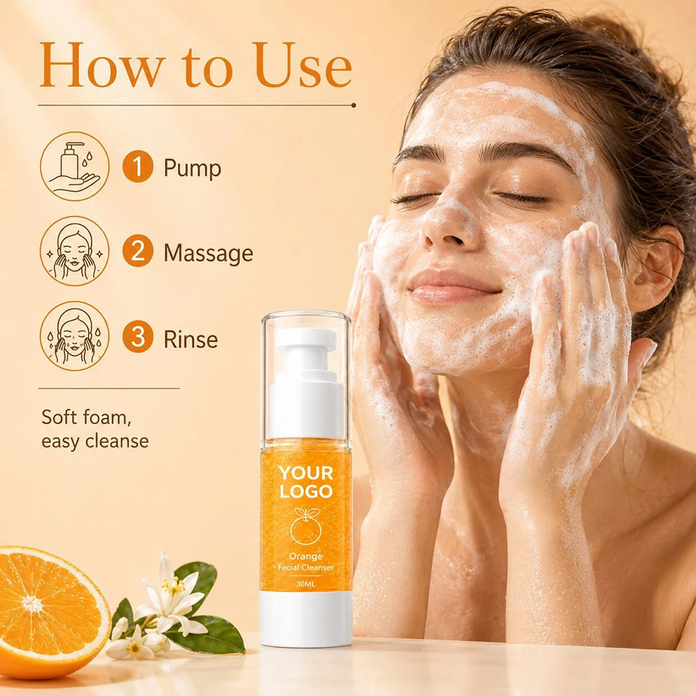 Private Label 30ML Orange Facial Cleanser Vegan Makeup Remover Foaming Wash Wholesale with Custom Logo Face Foundation