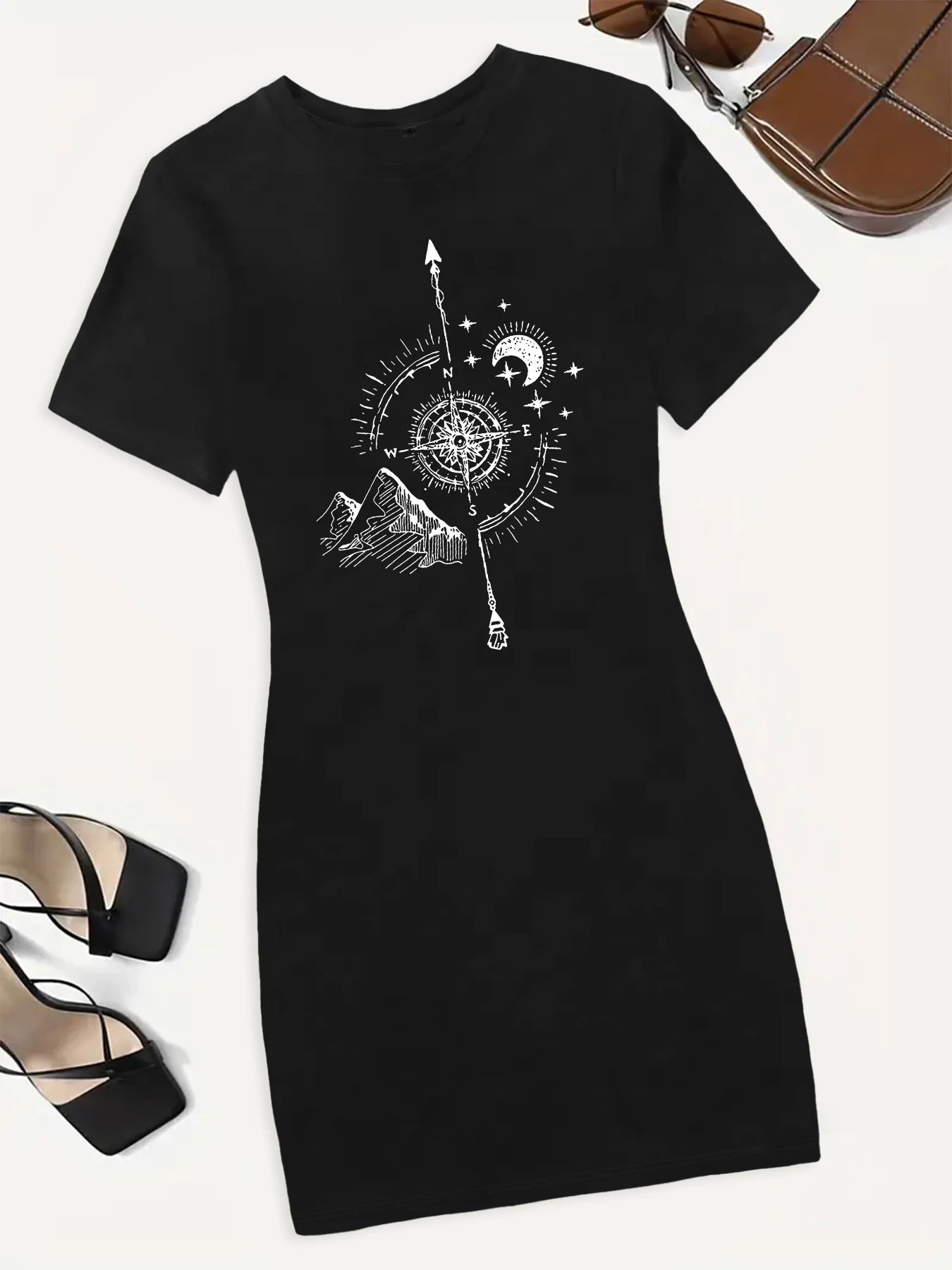 2024  Summer New T Shirt Dress Women Short sleeve Slim Dress Moon Space  Magic  Print Fashion Casual All-match Streetwear