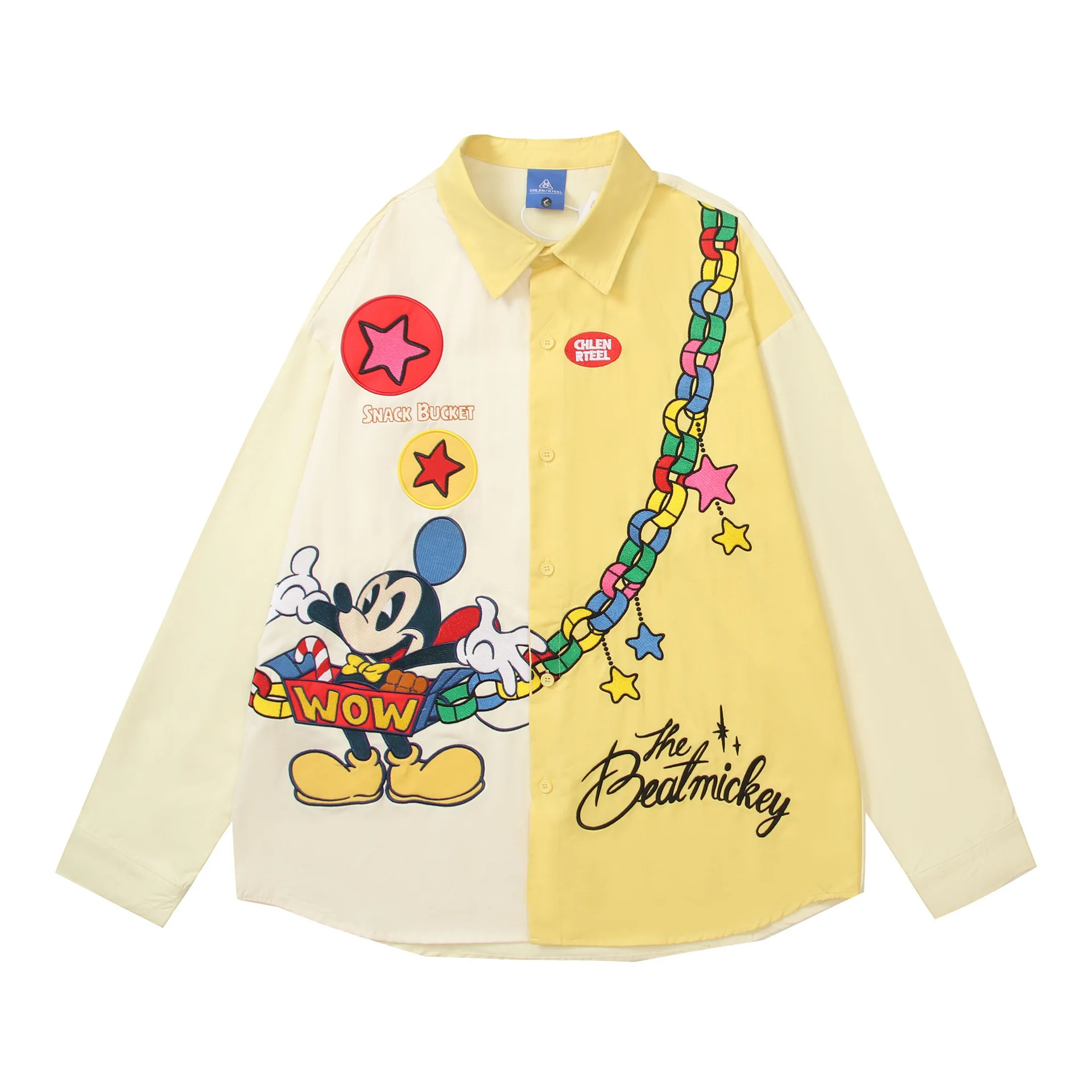 American Retro Long Sleeve Casual Shirt Women Embroidery Color Block Design Loose Casual Trendy Versatile Unisex Couple Shirt