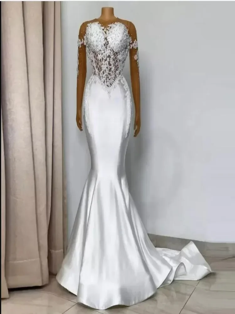 Impresionantes apliques De encaje personalizados, vestido De novia De sirena, tren De barrido, bata De boda De satén, foto Real, vestidos De novia negros para mujer