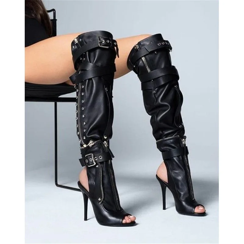 

Punk Style Black Peep Toe Belt Buckle Over-The -Knee Women Sandals Boots Stiletto High Heels Zipper Design Large Size Shoes
