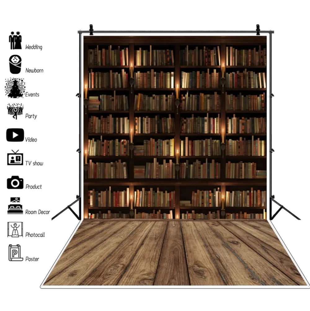 Vintage Bookshelf Photography Backdrop Wooden Bookcase Magic Books Library Back to School Adult Portrait Background Photo Studio