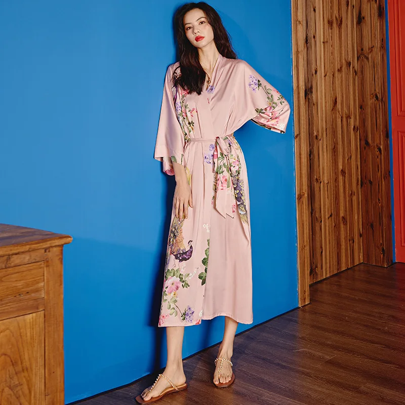 Female Spring Summer New Sexy Homedress Nightdress Silk Satin Robe Lady Plant Print Sleepdress Women Loose Casual Bathrobe