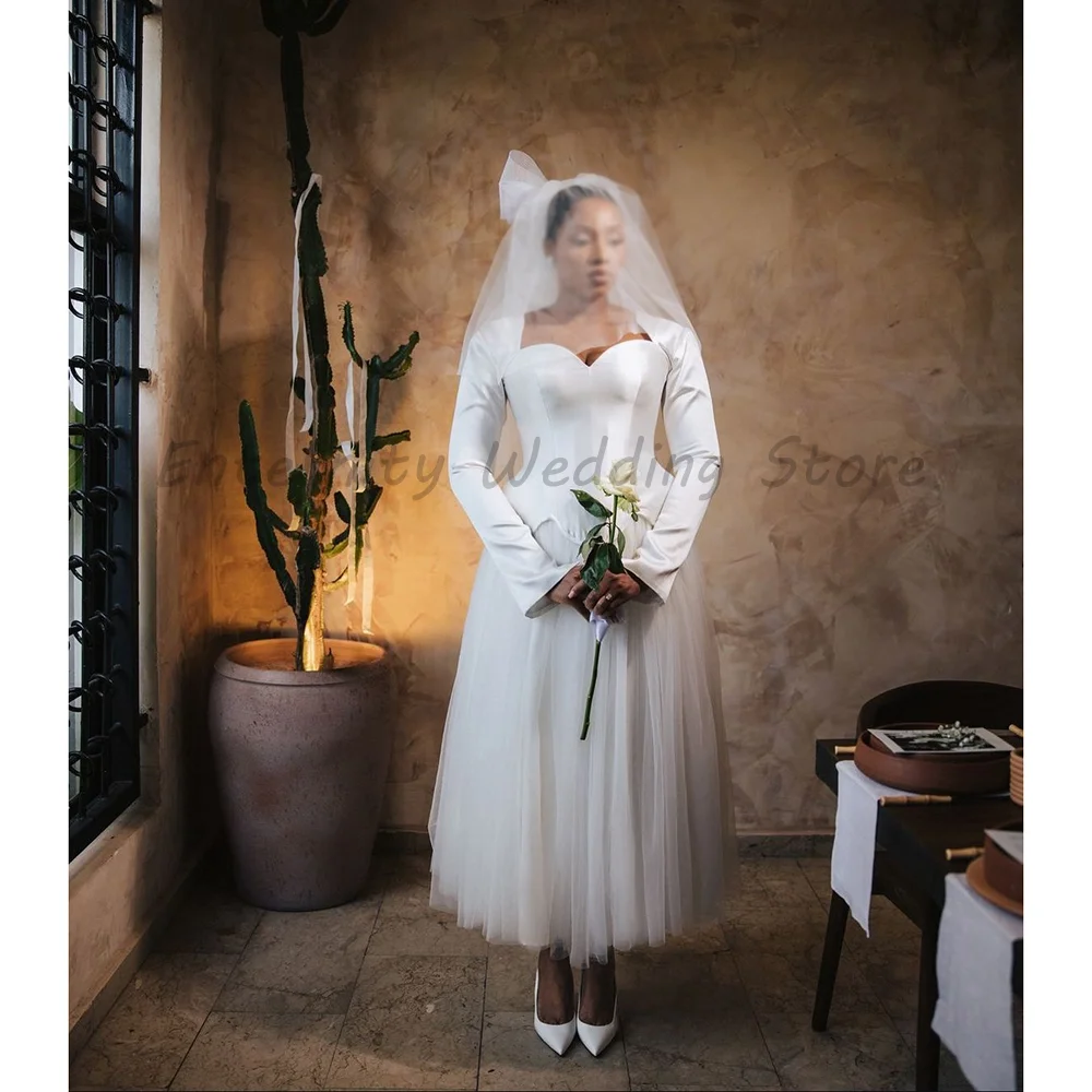 Midi Tea Length Wedding Dress Sweetheart Corset Bodice Long Flare Sleeve Peplum Tulle Skirt Short Bridal Gown