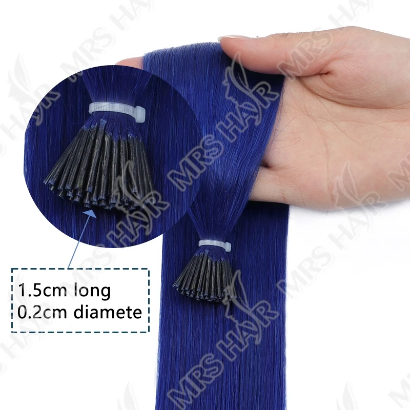 ブルーカラー I チップストレート人毛エクステンションケラチンヘアホットプレボンドマイクロビーズヘア女性用 12-20 インチ 50 個/パック