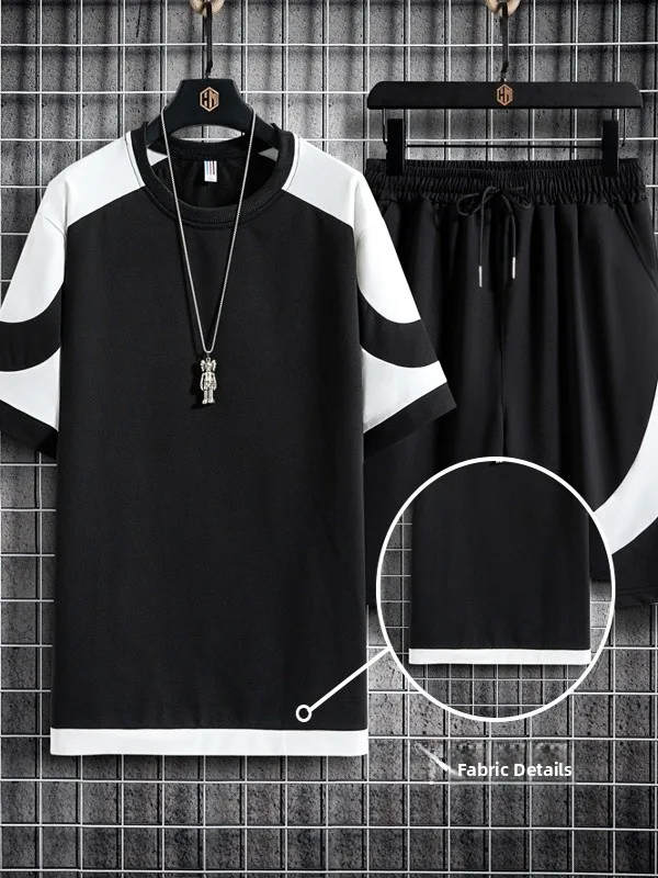 

Cool Summer Ice Silk Trendy Men's Set round Ne f Sve T-irt Straight Leg Five Pants Matching Set Polyester Fiber Youth