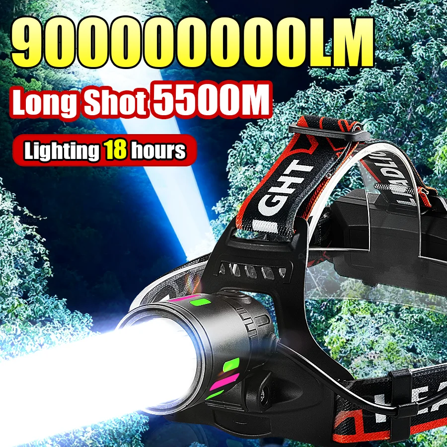 

90000000LM Самые мощные светодиодные налобные фонари Супер яркие USB аккумуляторные фары дальнего действия 5500 м Кемпинг Рыбалка Налобный фонарик，фонарь налобный，Светодиодные фары высокой мощности, сверхяркие