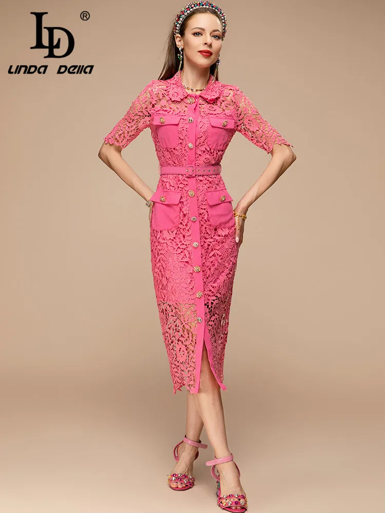 LD LINDA DELLA New 2023 Summer Fashion Women Pink Midi Pencil Dress Hollow Out Embroidery Multi Pocket Buttock Covering Dresses