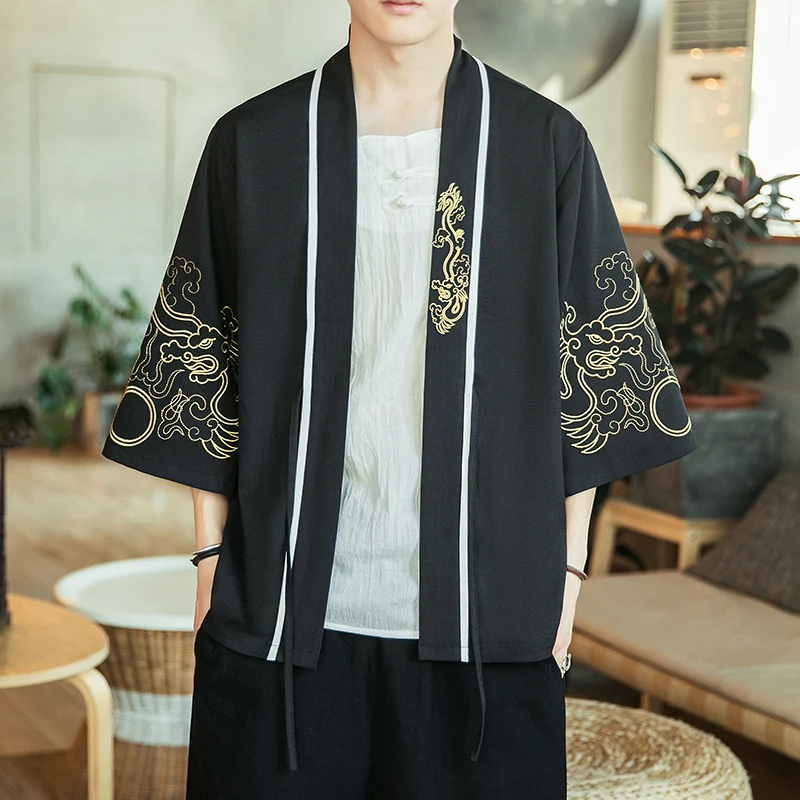 Japan Samurai Shirt Men Embroidered Japanese Kimono Short Sleeve Cardigan Men Summer Thin Fashion Casual Yukata Cardigan Top Men