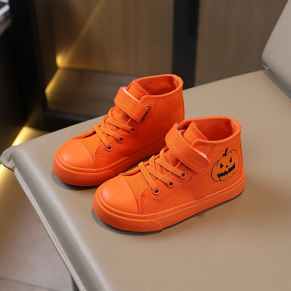 

COMFY KIDS Halloween Pumpkin Fun Style Mid Top Canvas Shoes Breathable Fabric Adjustable Strap All-Season Wear Party Cosplay Casual Shoes