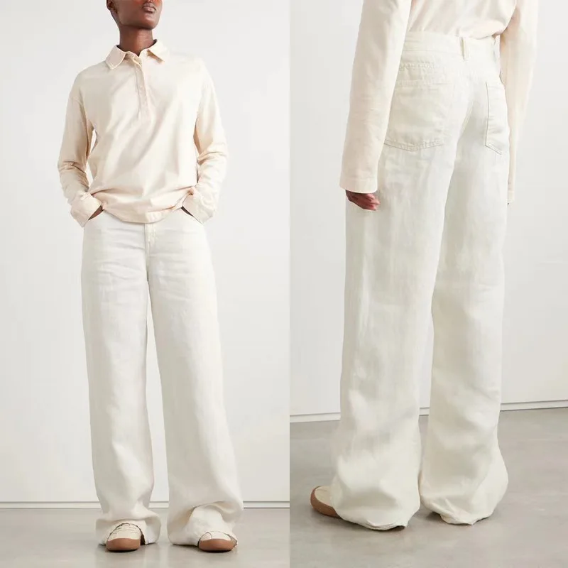Maxdutti Woman Clothes Nordic Minimalist Lazy Loose White Pants Lyocell Linen High Waisted Straight Jeans Women's Denim Pants