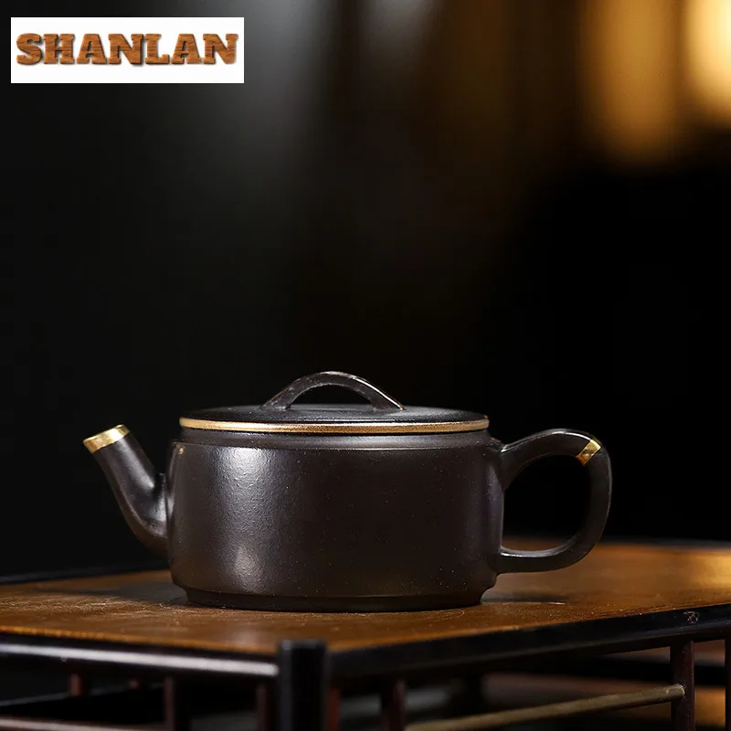 170ml Yixing Purple Clay Teapots Handmade Gold Tracing Large Caliber Pot Raw Ore Dahongpao Reducing Roasting Mud Zisha Tea Set