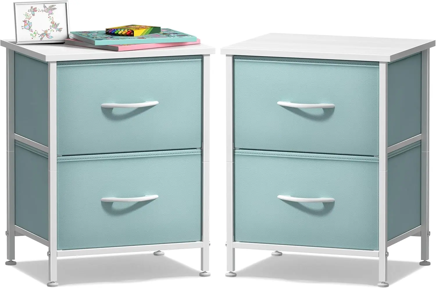 

Nightstand With 2 Drawers - Kids Bedside Furniture End Table Night Stand - Steel Frame, Wood Top & Easy Pull Fabric Bins -