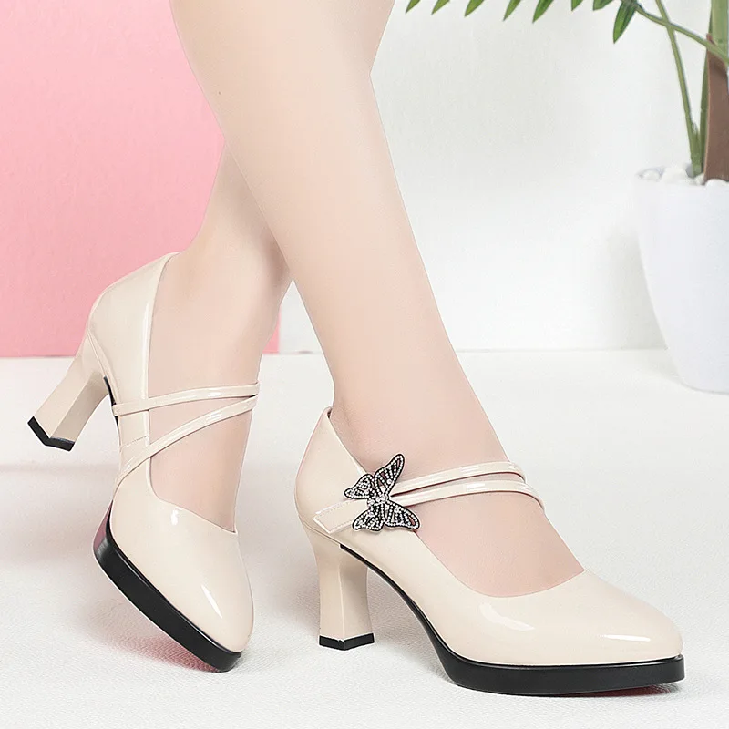 2024 New Fashion Platform High Heels Women Round Toe Black Pu Leather Square Heel Pumps for Party Dress Lady Shoes Zapatos Mujer