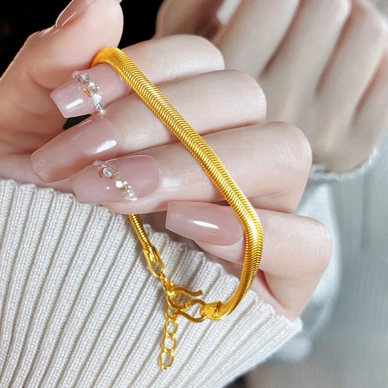 

100% Real 24K Gold Thickened Snake Bone Bracelet For Men Women Simple Versatile Luxury Fine Jewelry Gift