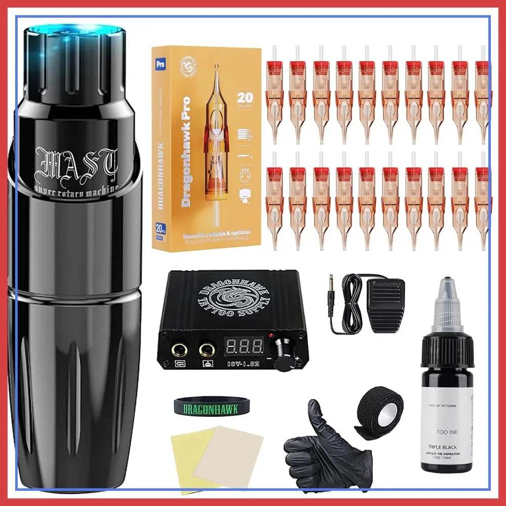 

Complete Rotary Tattoo Pen Machine Kit with 20Pcs Cartridges Needles, Power Supply, Color Inks for Studio Artists