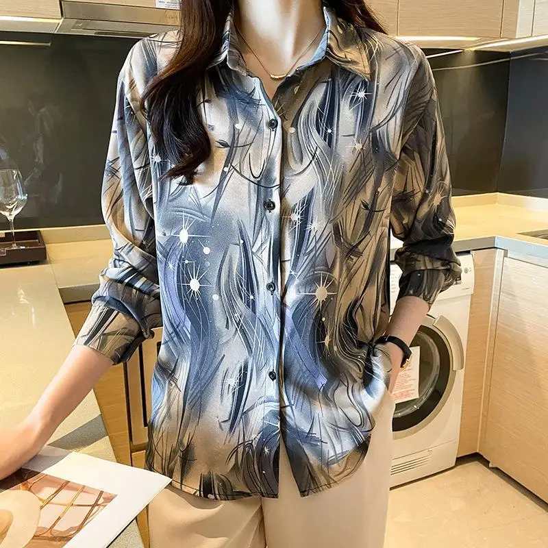 Turn-down Collar Women\'s Clothing Button Lantern Long Sleeve Tie Dye Printing Cardigan Shirt Casual Elegant Spring Autumn Tops