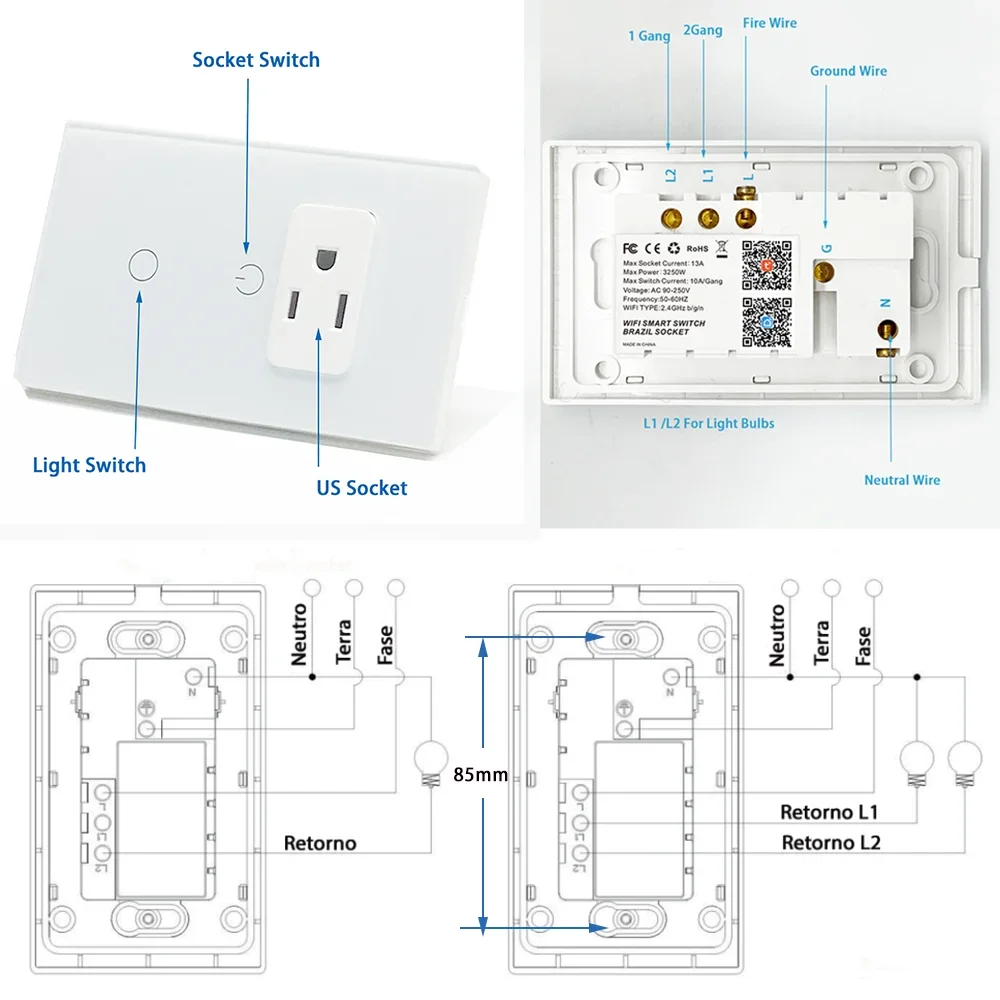 Light Switch US Plug Wall Socket Mexico Wifi Smart Tuya Outlet Touch Intelligent Rectangle Glass Panel Remote Alexa Google Home