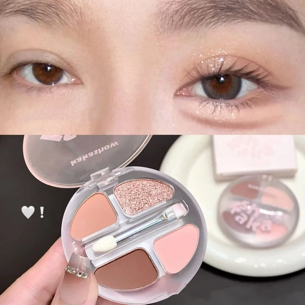 Paleta de sombra de ojos mate brillante de 4 colores, pigmento de brillo rosa desnudo, paleta de maquillaje duradera resistente al agua con pincel