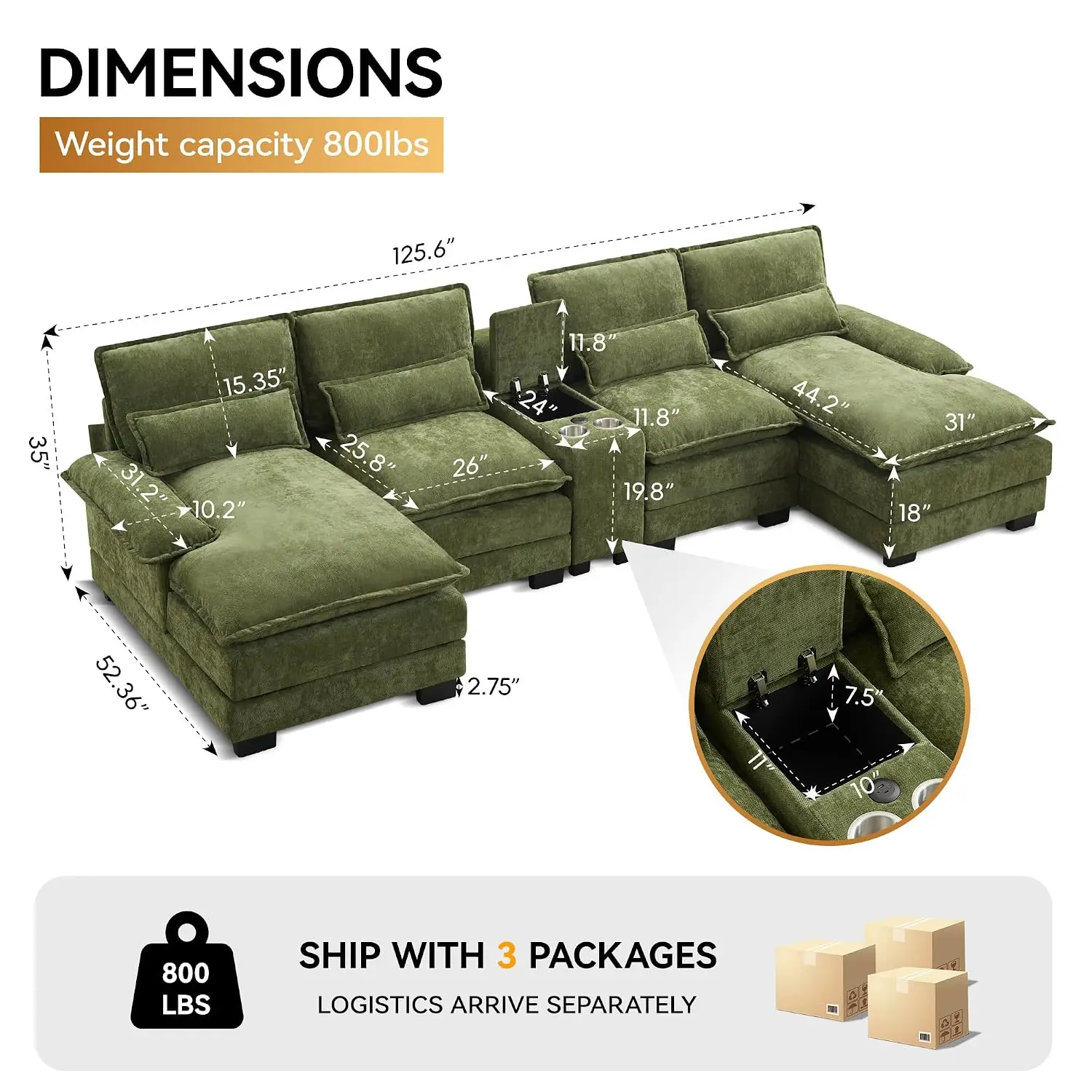U Shaped Sectional Sofa with Chaise USB & Cup Holders 125