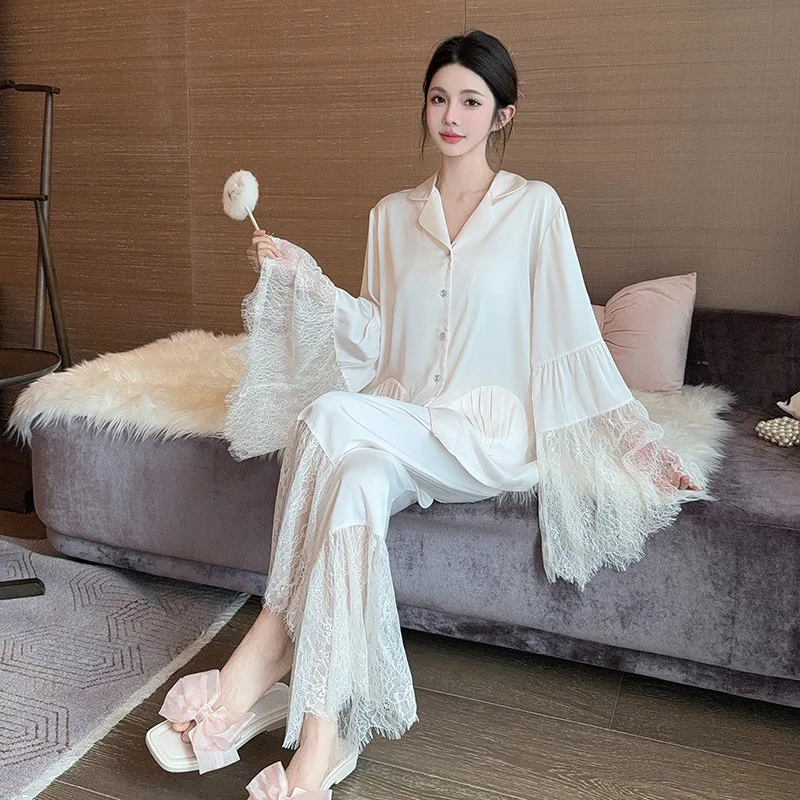

Elegant Lace Fairy Sleepwear New Arrival Spring Summer Fashion Pajamas Suit Thin Long Sleeve Ladies Nightgown Casual Home Wear